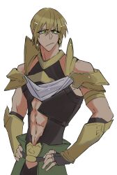 Rule 34 | 1boy, abs, armor, blonde hair, closed mouth, clothing cutout, cowboy shot, earrings, fate/grand order, fate (series), fingerless gloves, gloves, hands on own hips, haruakira, highres, jason (fate), jewelry, looking to the side, male focus, navel cutout, short hair, simple background, solo, toned, toned male, vambraces, white background, yellow eyes