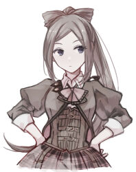 Rule 34 | 1girl, assault lily, belt, belt buckle, blue eyes, bow, bow-shaped hair, bowtie, brown belt, brown hair, brown jacket, buckle, closed mouth, collared shirt, corset, cropped torso, hands on own hips, high ponytail, highres, ichinomiya michaela himari, jacket, juliet sleeves, long hair, long sleeves, looking away, looking to the side, ludvico private girls&#039; academy school uniform, multiple belts, open clothes, open jacket, parted bangs, pink bow, pink bowtie, pink skirt, plaid, plaid skirt, ponytail, puffy sleeves, school uniform, shirt, sidelocks, sideways glance, simple background, skirt, solo, standing, tareko, underbust, upper body, very long hair, white background, white shirt