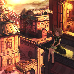 Rule 34 | 1girl, :o, animal, arch, bare arms, bare legs, barefoot, black cat, blue eyes, blush, book, bridge, brown hair, building, buttons, cafe, cat, city, desk, dress, evening, closed eyes, full body, gogatsu no renkyuu, green dress, house, lamppost, lantern, light, looking at viewer, open book, original, outdoors, parted lips, pointy ears, rooftop, scenery, scroll, short hair, short sleeves, sign, sitting, sleeping, solo, sunlight, sunset, table, test tube, water, whiskers, wide shot