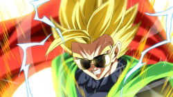 Rule 34 | 1boy, angry, aura, black bodysuit, blue hair, bodysuit, cape, clenched teeth, dragon ball, dragonball z, electricity, furious, great saiyaman, male focus, red cape, rom (20), solo, son gohan, spiked hair, sunglasses, super saiyan, super saiyan 2, teeth, upper body
