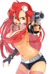 Rule 34 | 00s, 1girl, angry, asymmetrical gloves, at gunpoint, atsushi jb (pixiv), attsun (atsushi jb), bad id, bad pixiv id, belt, breasts, censored, censored nipples, convenient censoring, elbow gloves, fingerless gloves, gloves, gun, hair censor, hair ornament, hair over breasts, handgun, large breasts, long hair, navel, nishigori atsushi, open mouth, pink thighhighs, red hair, scarf, shiny skin, short shorts, shorts, single elbow glove, skull, skull hair ornament, solo, striped clothes, striped scarf, studded belt, studded bracelet, tengen toppa gurren lagann, thighhighs, topless, uneven gloves, very long hair, weapon, yellow eyes, yoko littner, zettai ryouiki