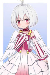 Rule 34 | 1girl, bare shoulders, blue background, blush, closed mouth, commentary request, detached sleeves, dress, feathered wings, fitoria (tate no yuusha no nariagari), hand up, head tilt, highres, jiu (sdesd3205), long sleeves, looking at viewer, outline, puff and slash sleeves, puffy long sleeves, puffy sleeves, red eyes, short hair, silver hair, sleeveless, sleeveless dress, sleeves past wrists, smile, solo, tate no yuusha no nariagari, two-tone background, white background, white dress, white outline, white wings, wings