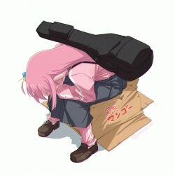 Rule 34 | 1girl, blue skirt, bocchi the rock!, box, cardboard box, covering face, cube hair ornament, gotoh hitori, guitar case, hair ornament, highres, inkspirate, instrument case, instrument on back, leaning forward, loafers, long hair, long skirt, long sleeves, pants, pink hair, pink pants, pink track suit, pleated skirt, shoes, simple background, sitting, skirt, solo, white background