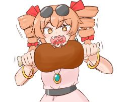 Rule 34 | 1girl, bangle, belt, black belt, blush, boned meat, bow, bracelet, dress, drill hair, earrings, eating, eyewear on head, food, hair bow, highres, holding, holding food, jewelry, looking down, meat, mizusoba, necklace, no headwear, no headwear, open mouth, orange eyes, ring, simple background, solo, sunglasses, teeth, touhou, twin drills, white background, yorigami jo&#039;on