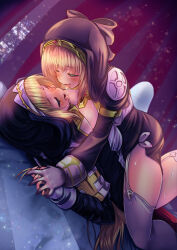 Rule 34 | 2girls, after kiss, akatsuki senbei, black dress, black headwear, black sleeves, blonde hair, blush, breast press, breasts, charlotte (exorcist charlotte), closed eyes, curtains, dress, exorcist charlotte, garter straps, girl on top, gloves, habit, hand on another&#039;s face, highres, holding hands, indoors, kiss, knees up, long hair, long sleeves, lying, lying on person, medium breasts, multiple girls, nun, on back, on stomach, open mouth, original, saliva, side slit, symmetrical docking, thighhighs, thighs, tongue, tongue out, white gloves, white thighhighs, window, yuri