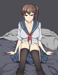 Rule 34 | 10s, 1girl, alternate costume, bad id, bad pixiv id, bed, breasts, brown hair, cleavage, female focus, highres, kaga (kancolle), kantai collection, large breasts, looking at viewer, naughty face, school uniform, serafuku, side ponytail, sitting, smile, solo, wangphing, yellow eyes