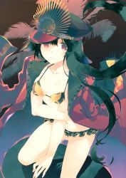Rule 34 | 1girl, absurdres, arm support, bikini, black hair, blush, breasts, buttons, cleavage, closed mouth, coat, collarbone, fate/grand order, fate (series), fingernails, gluteal fold, hat, highres, huge filesize, jacket, jacket on shoulders, kneeling, lips, long coat, looking at viewer, medium breasts, mitsumi misato, navel, oda nobunaga (fate), oda nobunaga (koha-ace), oda nobunaga (swimsuit berserker) (fate), peaked cap, red eyes, reflection, scan, simple background, smile, solo, stomach, swimsuit