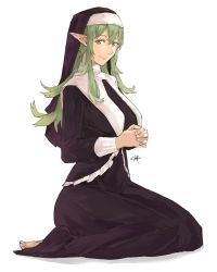 Rule 34 | 1girl, absurdres, alternate costume, barefoot, black dress, breasts, closed mouth, commentary, dress, english commentary, fingernails, fire emblem, fire emblem awakening, full body, green eyes, green hair, habit, hair between eyes, highres, large breasts, lips, long hair, looking at viewer, nintendo, nun, own hands together, pointy ears, sakuremi, seiza, sidelocks, signature, simple background, sitting, smile, solo, tiki (adult) (fire emblem), tiki (fire emblem), veil, white background