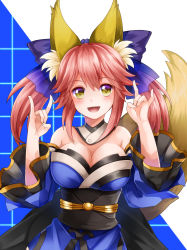 Rule 34 | 10s, 1girl, \m/, animal ears, blue legwear, blush, breasts, cleavage, detached sleeves, fate/extra, fate (series), fox ears, fox tail, hair ribbon, highres, japanese clothes, kanna (chaos966), large breasts, looking at viewer, open mouth, pink hair, ribbon, solo, tail, tamamo (fate), tamamo no mae (fate/extra), yellow eyes