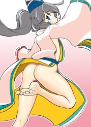 Rule 34 | 1girl, arm up, ass, bare legs, barefoot, blue eyes, bottomless, feet, flat chest, from behind, gradient background, grey hair, hat, jpeg artifacts, kagehito, long hair, long sleeves, looking at viewer, looking back, mononobe no futo, naked tabard, no panties, no pants, one-hour drawing challenge, pelvic curtain, pink background, ponytail, profile, simple background, solo, tabard, tate eboshi, touhou, wide sleeves