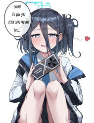 Rule 34 | 1girl, absurdres, aris (blue archive), black hair, black skirt, blue archive, blue eyes, blue necktie, blush, collared shirt, commentary, english commentary, english text, gekhuay, graphics card, green halo, hair between eyes, halo, heart, highres, holding, jacket, long bangs, long hair between eyes, long sleeves, looking at viewer, medium hair, necktie, off shoulder, open mouth, shirt, side ponytail, simple background, sitting, skirt, solo, speech bubble, squatting, white background, white jacket, white shirt