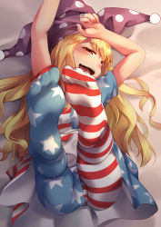Rule 34 | 1girl, :d, absurdres, american flag, american flag dress, american flag legwear, american flag shirt, arm on own head, arms up, ass, bad id, bad pixiv id, blonde hair, blush, chen bin, clownpiece, dress, fang, feet, foot focus, from above, full body, hat, highres, jester cap, legacy of lunatic kingdom, leggings, legs up, long hair, looking at viewer, lying, naughty face, on back, open mouth, pantyhose, red eyes, short dress, short sleeves, smile, soles, solo, striped clothes, striped pantyhose, toes, touhou