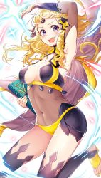 Rule 34 | 1girl, :d, armor, armpits, arms up, bad id, bad pixiv id, black thighhighs, blonde hair, blue eyes, blush, book, breasts, cape, circlet, cleavage, cleavage cutout, clothing cutout, commentary request, covered navel, faulds, fire emblem, fire emblem fates, highres, holding, holding book, leg up, long hair, looking at viewer, magic, medium breasts, nintendo, open mouth, ophelia (fire emblem), revealing clothes, ringozaka mariko, signature, smile, solo, teeth, thighhighs, toeless footwear, upper teeth only, v-shaped eyebrows, very long hair, yellow cape, yellow footwear