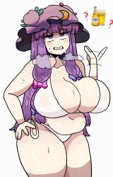 Rule 34 | 1girl, bare shoulders, belly, bikini, blush, bow, breasts, cleavage, collarbone, crescent, crescent hat ornament, hair bow, hair ornament, hat, hat ornament, huge breasts, large breasts, long hair, mob cap, modelo (beer), navel, notnoe (dxcl), open mouth, patchouli knowledge, plump, purple eyes, purple hair, ribbon, solo, steaming body, stomach, swimsuit, thighs, touhou, white bikini, wide hips