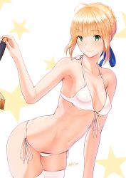 Rule 34 | 1girl, ahoge, artist name, artoria pendragon (all), artoria pendragon (fate), bikini, braid, breasts, cleavage, closed mouth, collarbone, cowboy shot, fate/stay night, fate (series), front-tie bikini top, front-tie top, green eyes, hair ribbon, halterneck, hand on hilt, leaning forward, medium breasts, nanahime, navel, ribbon, saber (fate), short hair, side-tie bikini bottom, simple background, smile, solo, star (symbol), swimsuit, sword, thighhighs, weapon, white bikini, white thighhighs