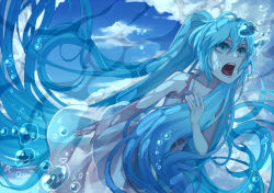 Rule 34 | 1girl, air bubble, asphyxiation, bad id, bad pixiv id, blue eyes, blue hair, bubble, colored eyelashes, day, dress, drowning, eyelashes, hatsune miku, irohara mitabi, long hair, matching hair/eyes, open mouth, solo, sundress, twintails, underwater, very long hair, vocaloid, water