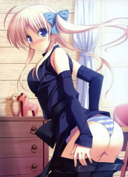 Rule 34 | 1girl, angry, ass, belt, black belt, black pants, blonde hair, blue eyes, blue panties, blue shirt, blush, bow, breasts, chair, character request, clothes lift, clothes pull, curtains, dengeki moeou, detached sleeves, from behind, hair bow, highres, large breasts, long hair, long sleeves, looking at viewer, panties, pants, pants pull, shirt, skirt, skirt lift, sleeveless, sleeveless shirt, source request, striped clothes, striped panties, twintails, underwear, wall, white skirt, window, yuuki makoto (radiant)