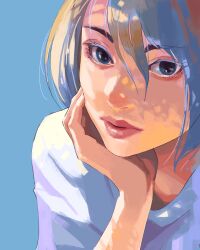 Rule 34 | 1girl, blue eyes, hair between eyes, highres, kanasaki taisuke, lips, looking at viewer, short hair, simple background, solo, white hair