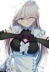 Rule 34 | 1girl, ;), alternate costume, apron, aties20, black gloves, blush, breasts, brown eyes, center frills, cleavage, closed mouth, commentary request, dress, elbow gloves, enmaided, frilled apron, frills, gloves, grey hair, hair between eyes, heart, heart hands, large breasts, long hair, looking at viewer, maid, maid headdress, one eye closed, simple background, sleeveless, sleeveless dress, smile, solo, very long hair, virtual youtuber, vshojo, waist apron, white apron, white background, zentreya (cyborg), zentreya