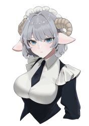Rule 34 | 1girl, animal ears, black necktie, blue eyes, collared shirt, commentary request, expressionless, goat ears, goat girl, goat horns, highres, horns, long sleeves, looking at viewer, maid, maid headdress, necktie, original, sh (sh1030f), shirt, short hair, solo, upper body