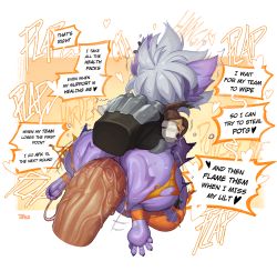 Rule 34 | 1boy, 1girl, all fours, anal, ass, barefoot, black gloves, border, brown jacket, colored skin, cosplay, cropped jacket, doggystyle, english text, feet, from behind, gloves, grey hair, hetero, highres, huge ass, huge penis, jacket, large insertion, league of legends, leggings, overwatch, pants, penis, pointy ears, purple skin, restrained, sex, sex from behind, short hair, simple background, size difference, soles, speech bubble, tangobat, text focus, toes, torn clothes, torn pants, tracer (overwatch), tracer (overwatch) (cosplay), tristana, white border, yellow background