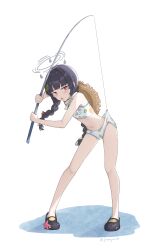 Rule 34 | 1girl, absurdres, bikini, bikini bottom pull, black footwear, black hair, blue archive, blunt bangs, blush, braid, breasts, bright pupils, commentary, crocs, fishing rod, full body, gmi (jimmyovob), grey halo, halo, hat, hat on back, highres, holding, holding fishing rod, leaf, leaf on head, leaf print, long hair, miyu (blue archive), miyu (swimsuit) (blue archive), official alternate costume, open mouth, print bikini, red eyes, simple background, small breasts, solo, standing, starfish, straw hat, sun hat, swimsuit, symbol-only commentary, twin braids, twintails, twitter username, white background, white bikini, white pupils