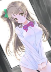 Rule 34 | 10s, 1girl, blush, breasts, brown eyes, brown hair, covered erect nipples, frapowa, long hair, looking at viewer, love live!, love live! school idol project, minami kotori, naked shirt, nipples, see-through, shirt, side ponytail, smile, solo
