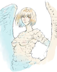 Rule 34 | 1girl, a ichiro, breasts, chimera, dungeon meshi, expressionless, falin touden, falin touden (chimera), feathered wings, feathers, looking at viewer, medium breasts, orange eyes, parted lips, short hair, simple background, solo, spoilers, underboob, white background, white feathers, white hair, white wings, wings