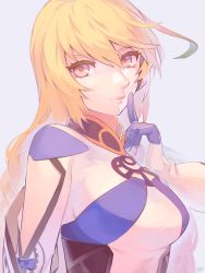 Rule 34 | 1girl, arm cutout, blonde hair, breasts, gloves, grey background, hair between eyes, highres, index finger raised, long hair, looking at viewer, medium breasts, milla maxwell, parted lips, signature, solo, tales of (series), tales of xillia, ubo (ubo tales), upper body, yellow eyes