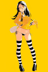 Rule 34 | 1girl, bag, bikini, bikini bottom only, black bikini, black footwear, black hair, commentary request, drinking straw, full body, hair between eyes, highres, holding, holding bag, holding water gun, horizontal-striped legwear, jacket, kekemotsu, legs apart, long hair, long sleeves, looking at viewer, md5 mismatch, mouth hold, no pants, original, resolution mismatch, shoes, side-tie bikini bottom, side-tie bottom, simple background, solo, source smaller, standing, striped clothes, striped thighhighs, swimsuit, thighhighs, water gun, yellow background, yellow eyes, yellow jacket, zipper