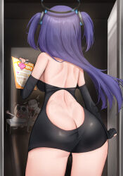 Rule 34 | 1boy, 2girls, absurdres, doodle sensei (blue archive), ass, back cutout, black dress, blue archive, breasts, butt crack, clipboard, clothing cutout, condom, condom wrapper, convenient censoring, dark room, doorway, dress, eyewear on head, facing away, fluffyebi01, from behind, grey hair, halo, hetero, highres, holding, holding clipboard, implied sex, indoors, iori (blue archive), iori (swimsuit) (blue archive), large breasts, licking, long hair, long tongue, looking at another, multiple girls, off-shoulder dress, off shoulder, on bed, prone bone, purple hair, revealing clothes, sensei (blue archive), sex, sex from behind, tongue, two side up, walk-in, yuuka (blue archive)