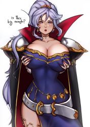 Rule 34 | 1girl, absurdres, armor, grabbing another&#039;s breast, breast hold, breasts, cape, cleavage, curtains, english text, fire emblem, fire emblem: genealogy of the holy war, grabbing, highres, huge breasts, ishtar (fire emblem), mariezone, navel, nintendo, open mouth, pauldrons, pelvic curtain, purple hair, shoulder armor, skindentation