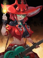 Rule 34 | 1girl, arc system works, black shirt, boots, breasts, chest jewel, cosplay, cowboy shot, crop top, cropped jacket, crossover, fingerless gloves, fire, fusion, glasses, gloves, green-tinted eyewear, green-tinted glasses, guilty gear, guilty gear strive, guitar, hal laboratory, hat, highres, i-no, i-no (cosplay), instrument, jacket, large breasts, looking at viewer, midriff, monolith soft, narrow waist, nintendo, possessed, possession, pyra (xenoblade), pyrokinesis, red eyes, red hair, red hat, red jacket, shirt, short hair, shorts, solo, stoic seraphim, sunglasses, super smash bros., swept bangs, thigh boots, thighhighs, tinted eyewear, venus symbol, witch hat, xeno (series), xenoblade chronicles (series), xenoblade chronicles 2