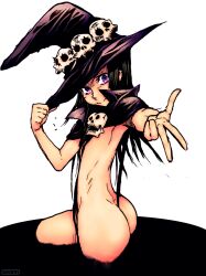 Rule 34 | 1girl, ass, black cape, black hair, butt crack, cape, colorized, dr. necro, flat chest, from side, hat, hollow139, keyman: the hand of judgement, official art, purple eyes, skull, skull ornament, slingshot swimsuit, submerged, swimsuit, wading, warainaku, witch, witch hat