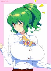 Rule 34 | 1girl, alternate hair length, alternate hairstyle, ascot, breasts, commentary request, green hair, highres, kazami yuuka, large breasts, long hair, long sleeves, looking at viewer, mattari yufi, one eye closed, orange eyes, ponytail, slit pupils, smile, solo, touhou, twitter username, upper body