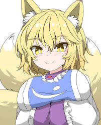 Rule 34 | 1girl, animal ear fluff, animal ears, arms under breasts, blonde hair, blush, breasts, bright pupils, fox ears, fox girl, fox tail, hands in opposite sleeves, hiro (pqtks113), kitsune, large breasts, long sleeves, looking at viewer, multiple tails, no headwear, perfect cherry blossom, shirt, short hair, simple background, smile, solo, tabard, tail, touhou, upper body, white background, white pupils, white shirt, yakumo ran, yellow eyes, yellow tail