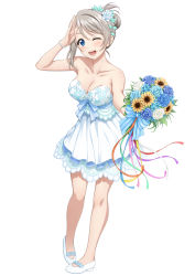 Rule 34 | 1girl, alternate hairstyle, bare shoulders, blue eyes, blush, bouquet, bow, bracelet, breasts, cleavage, collarbone, dress, floral print, flower, full body, grey hair, hair between eyes, hair bun, hair flower, hair ornament, holding, holding bouquet, jewelry, looking at viewer, love live!, love live! sunshine!!, medium breasts, one eye closed, ribbon, salute, simple background, single hair bun, smile, solo, standing, strapless, strapless dress, suzume miku, watanabe you, white background, white footwear