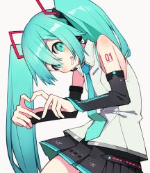 Rule 34 | 1girl, bare shoulders, black skirt, blue eyes, blue hair, blue necktie, blush, clenched teeth, cowboy shot, detached sleeves, fingers together, flat chest, grin, hair between eyes, hatsune miku, hatsune miku (vocaloid4), head tilt, heart, heart hands, highres, hirokawa desu, leaning, leaning forward, long hair, looking at viewer, necktie, no nose, number tattoo, shirt, shoulder tattoo, simple background, skirt, sleeveless, sleeveless shirt, smile, solo, tattoo, teeth, thighs, twintails, very long hair, vocaloid, white background, white shirt
