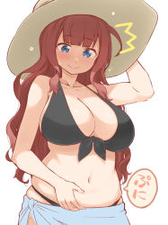 Rule 34 | 1girl, ^^^, arm up, assault lily, bare arms, bare shoulders, belly, belly grab, bikini, black bikini, blue eyes, blue sarong, blunt bangs, blush, breasts, brown hair, brown hat, cleavage, closed mouth, collarbone, commentary request, cowboy shot, front-tie bikini top, front-tie top, gochisousama (tanin050), halterneck, hand on headwear, hat, highres, kaede johan nouvel, large breasts, long hair, looking away, looking down, navel, nervous smile, official alternate costume, plump, sarong, shade, sidelocks, simple background, skindentation, smile, solo, speech bubble, standing, sun hat, sweatdrop, swimsuit, translation request, wavy hair, wavy mouth, weight conscious, white background
