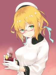 Rule 34 | 1girl, alcohol, blonde hair, blue ribbon, cinnamon stick, cup, dress, drinking glass, food, fruit, funitarefu, glass, glasses, gloves, gluhwein, gradient background, green eyes, hair ribbon, holding, holding cup, holding drinking glass, i-8 (kancolle), kantai collection, lace, lace-trimmed shirt, lace trim, lemon, lemon slice, looking at viewer, no cape, pink background, ribbon, shirt, smile, solo, steam, upper body, white dress, white gloves