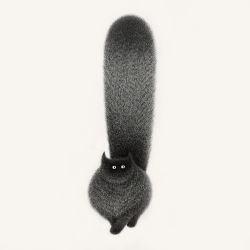 Rule 34 | animal, animal focus, cat, fluffy, grey background, greyscale, kamwei fong, looking at viewer, monochrome, no humans, original, simple background, solo, tail raised