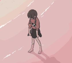 Rule 34 | 1girl, barefoot, black skirt, braid, commentary request, facing down, from above, fucca, full body, hair over shoulder, highres, long hair, low twin braids, madotsuki, pink sweater, pink water, print sweater, refraction, shadow, skirt, skirt hold, sleeves rolled up, solo, standing, sweater, twin braids, wading, yume nikki