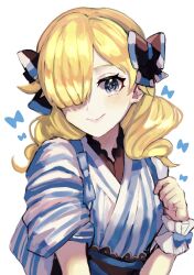 Rule 34 | 1girl, black bow, blonde hair, blue eyes, bow, fire emblem, fire emblem engage, hair bow, hair over one eye, hand up, highres, japanese clothes, kimono, leon0630claude, looking at viewer, madeline (fire emblem), medium hair, nintendo, no headwear, short hair, simple background, smile, solo, striped clothes, striped kimono, upper body, white background, wrist cuffs