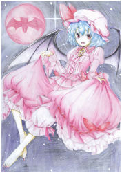 Rule 34 | 1girl, :d, absurdres, barefoot, bat (symbol), bat signal, bat wings, bloomers, blue hair, chikado, clothes lift, colored pencil (medium), dress, dress lift, fang, flat chest, frilled dress, frills, full moon, hat, hat ribbon, highres, mob cap, moon, open mouth, red eyes, red moon, remilia scarlet, ribbon, short hair, smile, touhou, traditional media, underwear, wings