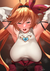 Rule 34 | 1girl, armpits, arms up, blush, breasts, clarisse (granblue fantasy), granblue fantasy, green eyes, highres, large breasts, long hair, looking at viewer, open mouth, orange hair, ribbon, saru (pixiv13751598), sleeveless, solo, steam, sweat, tagme