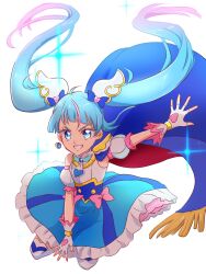 Rule 34 | 1girl, asymmetrical clothes, blue cape, blue dress, blue eyes, blue hair, blue theme, cape, commentary request, cure sky, detached sleeves, dress, earrings, eyelashes, fingerless gloves, fpminnie1, gloves, hair ornament, happy, highres, hirogaru sky! precure, jewelry, light blue hair, long hair, looking at viewer, magical girl, precure, puffy short sleeves, puffy sleeves, short sleeves, simple background, smile, solo, sora harewataru, thighhighs, thighs, twintails, white background, white gloves