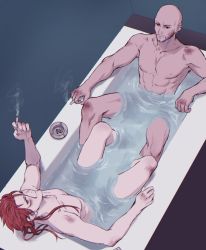 Rule 34 | 2boys, abs, bad id, bad pixiv id, bald, bathing, bathtub, beard, bruise, cigarette, collarbone, commentary request, facial hair, final fantasy, final fantasy vii, from above, highres, in water, injury, long hair, looking at another, looking at viewer, looking up, male focus, mondi hl, multiple boys, nude, partially submerged, reno (ff7), rude (ff7), same-sex bathing, shared bathing, sitting, smoking, square enix, turks (ff7), water, yaoi