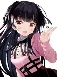Rule 34 | 1girl, :d, black hair, black ribbon, black skirt, blunt bangs, blush, breasts, brown eyes, commentary request, frills, hand up, heart, highres, idolmaster, idolmaster shiny colors, kanda done, long hair, long sleeves, looking at viewer, mayuzumi fuyuko, medium breasts, neck ribbon, open mouth, pink shirt, ribbon, shirt, simple background, skirt, sleeves past wrists, smile, solo, two side up, upper body, very long hair, white background