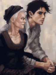 Rule 34 | 1boy, 1girl, black hair, brown gloves, collarbone, earrings, erina pendleton, glasses, gloves, own hands clasped, hat, jewelry, jojo no kimyou na bouken, joseph joestar, joseph joestar (young), manly, old, old woman, aged up, own hands together, pekanpeka, realistic, white hair