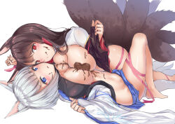 Rule 34 | 2girls, :o, akagi (azur lane), animal ear fluff, animal ears, azur lane, barefoot, blue eyes, blush, breast press, breasts, brown hair, candy, chocolate, chocolate heart, chocolate on body, chocolate on breasts, dress, feet, female focus, food, food on body, fox tail, heart, incest, interlocked fingers, kaga (azur lane), large breasts, legs, licking, licking lips, lying, multiple girls, no bra, no shoes, on back, on stomach, open mouth, red eyes, simple background, smile, smirk, tail, thigh strap, thighs, tongue, tongue out, white background, white hair, yukishiro arte, yuri